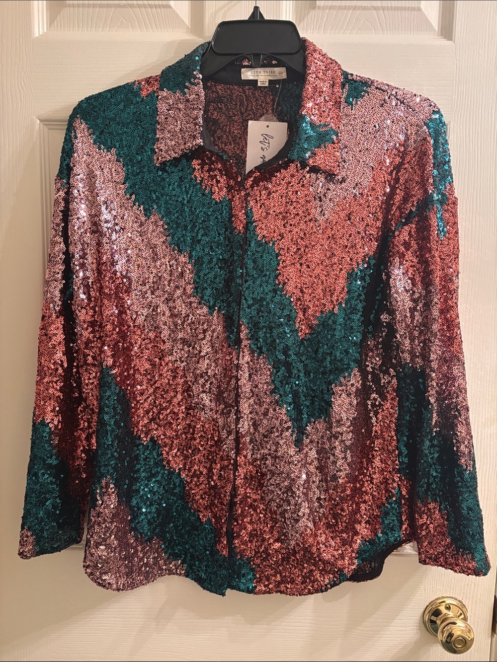 12th Tribe Women's Sequin Button-Down Shirt in Teal, Rose Gold, Pink